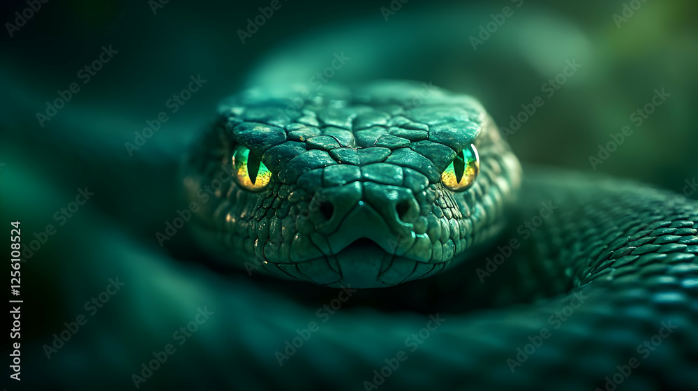 Fototapeta premium A close-up of a vibrant green snake, showcasing its intricate scales and striking yellow eyes, set against a blurred green background.
