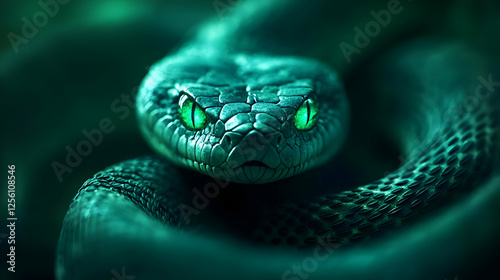 A close-up of a striking snake with vibrant green eyes, showcasing the intricate patterns and textures of its scales. photo