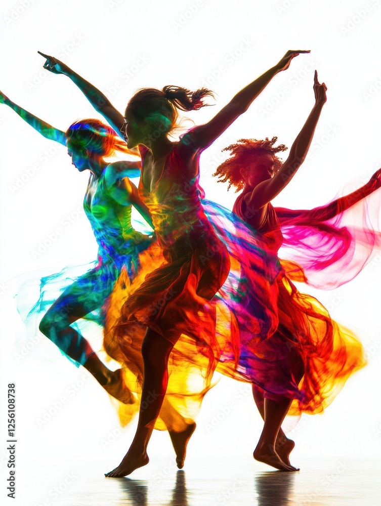 Silhouettes of dynamic dancers with vibrant colors and motion blur effects create an energetic atmosphere on a clean background. Generative AI Silhouettes of dynamic dancers with vibrant colors and motion blur effects create an energetic atmosphere on a clean background. Generative AI