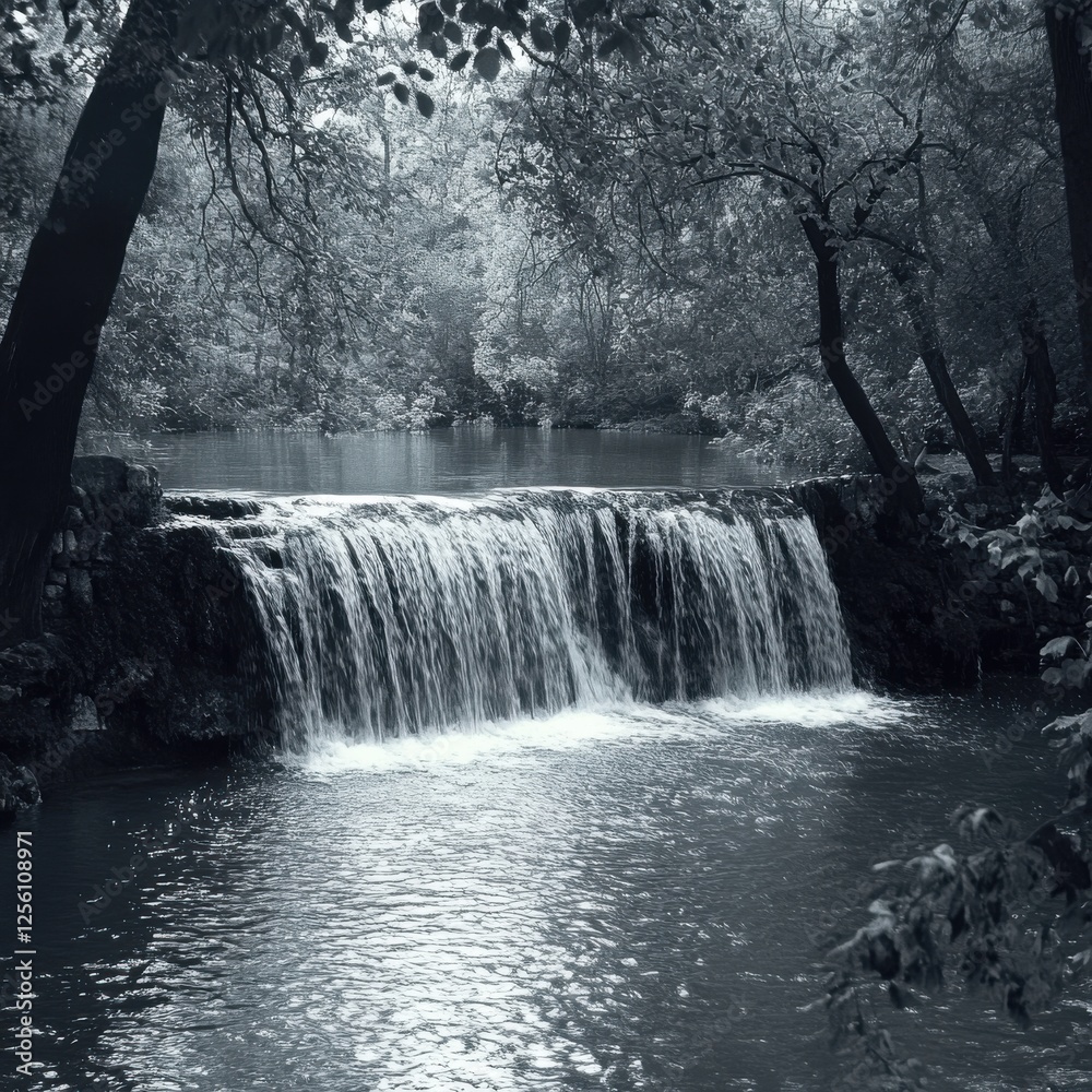 Fototapeta premium Serene Monochrome Waterfall Surrounded by Lush Trees and Tranquil Nature in a Peaceful Setting