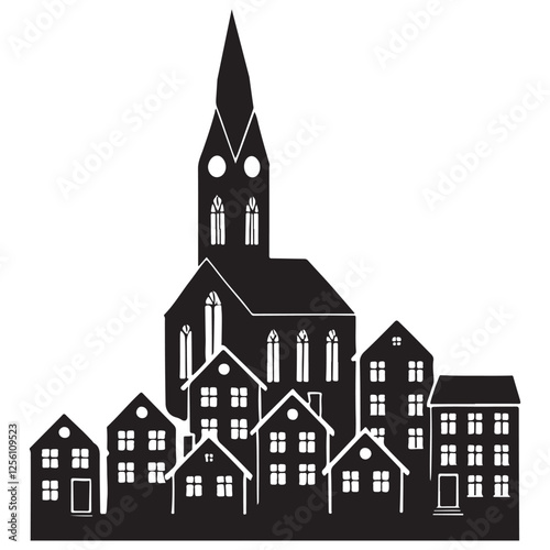 Black Silhouette Town Skyline with Church Vector Illustration