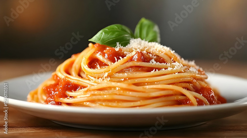 A delicious serving of spaghetti topped with rich tomato sauce, garnished with fresh basil and grated cheese on a wooden table.