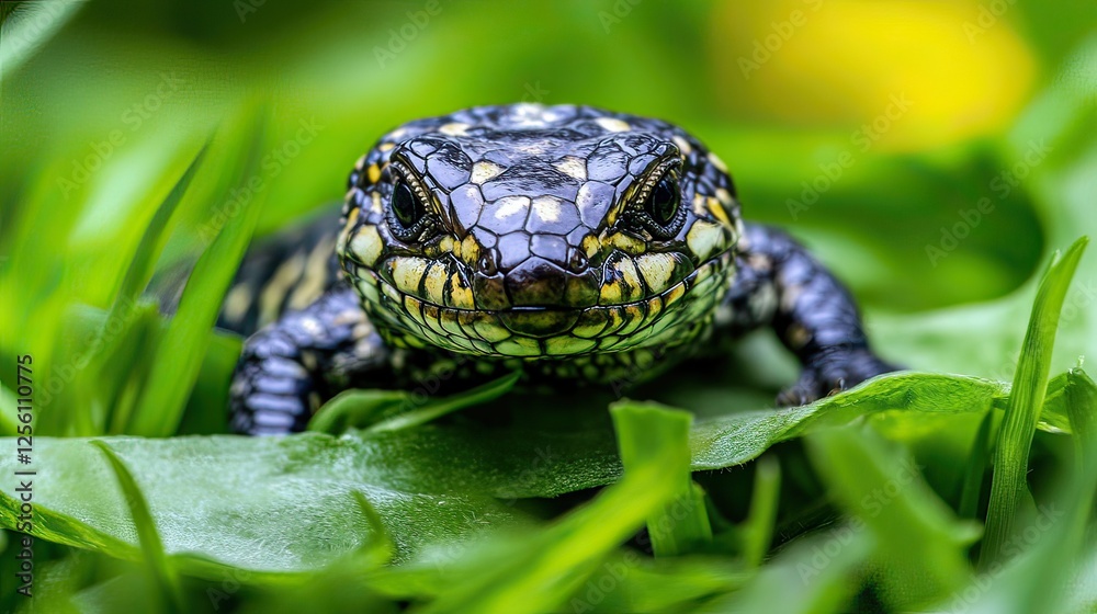 Shingleback lizard stares, green grass, blurred flowers, wildlife photography Shingleback lizard stares, green grass, blurred flowers, wildlife photography