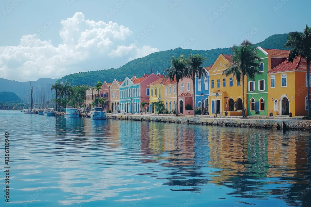 Obraz premium Colorful Colonial Buildings In Christiansted, Caribbean Harbor, Palm Trees, Vibrant Tropical Light