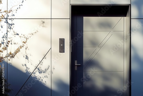 contemporary architectural design featuring sleek fiberglass door with geometric patterns, minimalist sidelite panel in morning light photo
