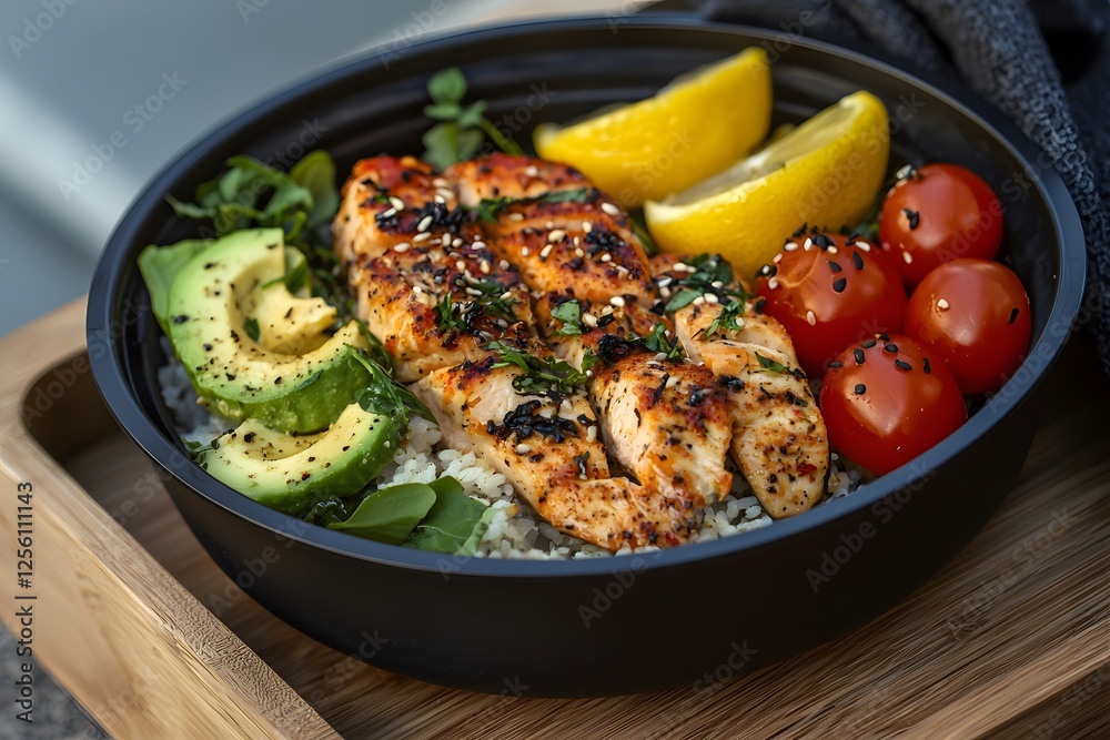Salmon with Avocado and Cherry Tomatoes: A vibrant, close-up photo of a healthy and delicious meal featuring grilled salmon with sesame seeds, served atop a bed of rice.