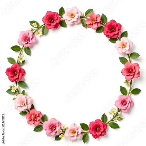 A round frame of spring flowers on a white background