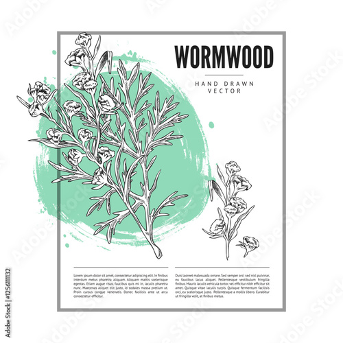 Black and white illustration of a poster with a sketch of a wormwood branch with flowers.