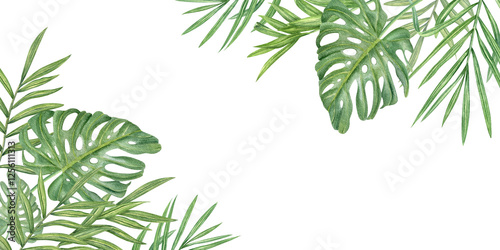 Watercolor tropical green palm and monstera leaves horizontal rectangle border isolated background. Summer foliage frame with copy space for text. Floral illustration for greeting card, invitation