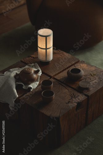 Tea drinking in wabi sabi Japanese style features brown clay cups and a teapot on a wooden solid oak tea table, linen teatowel