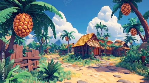Tropical Paradise Village: A Stylized 3D Render of a Charming Island Hamlet