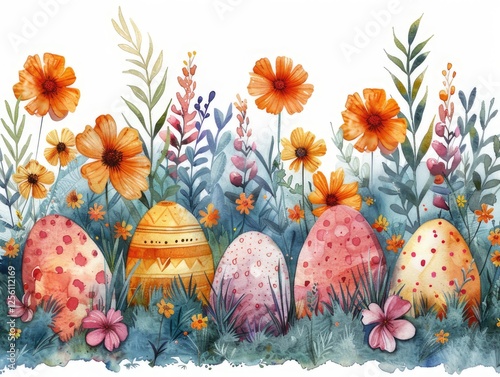 A watercolor painting of Easter eggs in a vibrant flower field