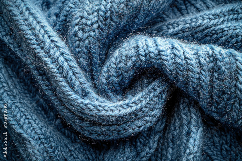 Close-up of twisted blue knitted fabric, ideal for textile or winter backgrounds Close-up of twisted blue knitted fabric, ideal for textile or winter backgrounds
