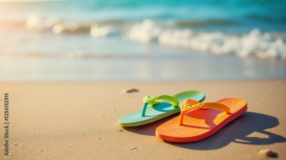 A pair of stylish flip-flops half-buried in the soft sand, with footprints leading away towards the water. A pair of stylish flip-flops half-buried in the soft sand, with footprints leading away towards the water.