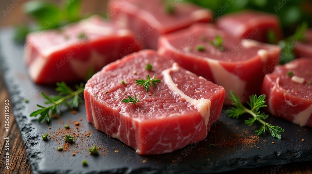 A close-up of premium local meat cuts arranged on a slate platter, garnished with herbs and spices A close-up of premium local meat cuts arranged on a slate platter, garnished with herbs and spices
