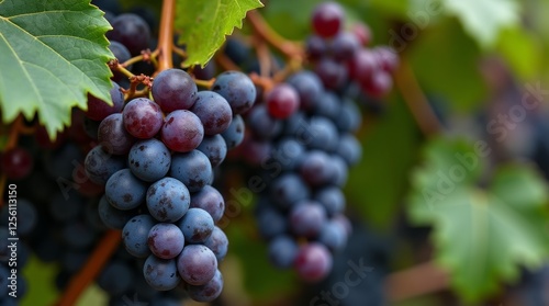 Wallpaper Mural A close-up view of a grape vine with glistening, ripe grapes hanging from the branches, showcasing their rich purple color Torontodigital.ca