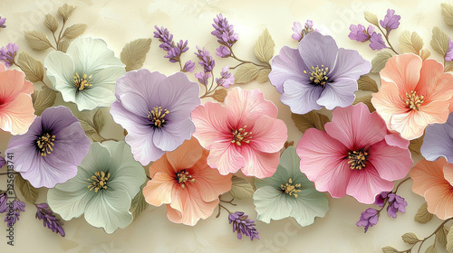 Pastel paper flowers on textured background, banner design