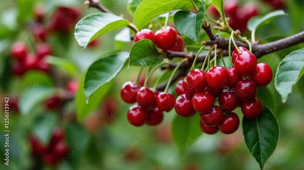 A lush cherry tree laden with ripe, red cherries, surrounded by vibrant green leaves A lush cherry tree laden with ripe, red cherries, surrounded by vibrant green leaves