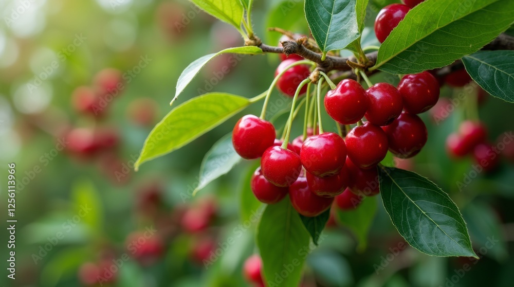 A lush cherry tree laden with ripe, red cherries, surrounded by vibrant green leaves A lush cherry tree laden with ripe, red cherries, surrounded by vibrant green leaves