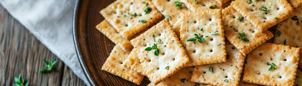 Crackers topped with textured cheese spread and herbs on a rustic plate for your next gathering Crackers topped with textured cheese spread and herbs on a rustic plate for your next gathering
