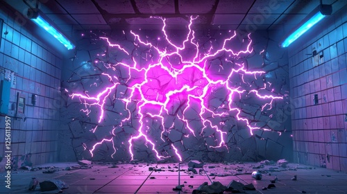 Dramatic lightning striking a cracked wall in a futuristic setting.