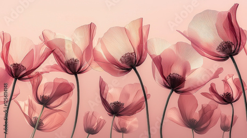 Translucent pink poppies on pink background, floral art print