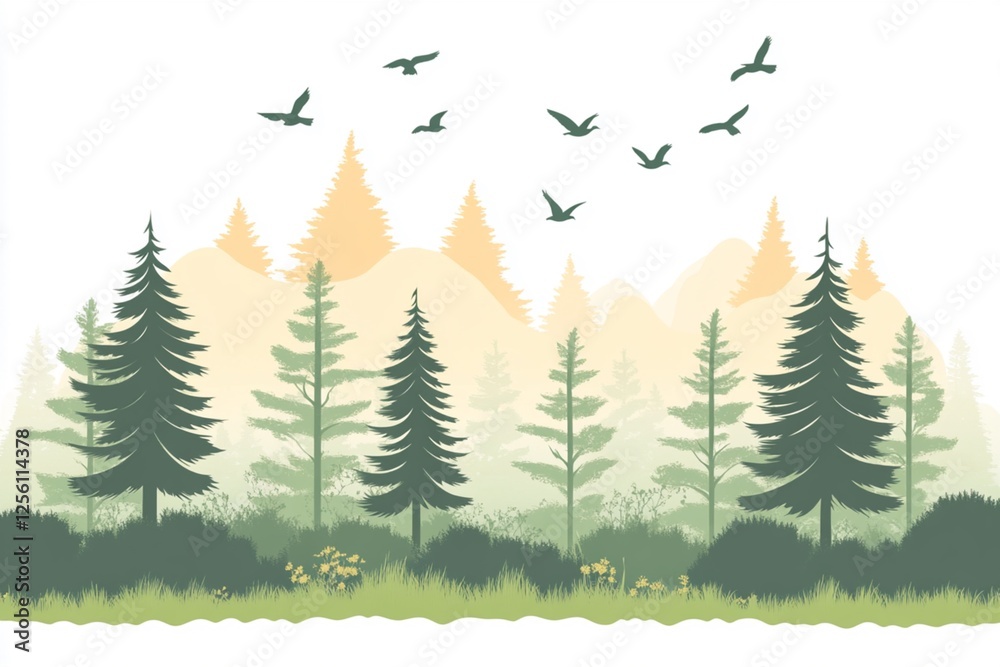 Fototapeta premium Scenic illustration of a dense forest with tall evergreen trees, distant mountains, and birds flying in the sky, symbolizing wilderness conservation and the International Day of Forests