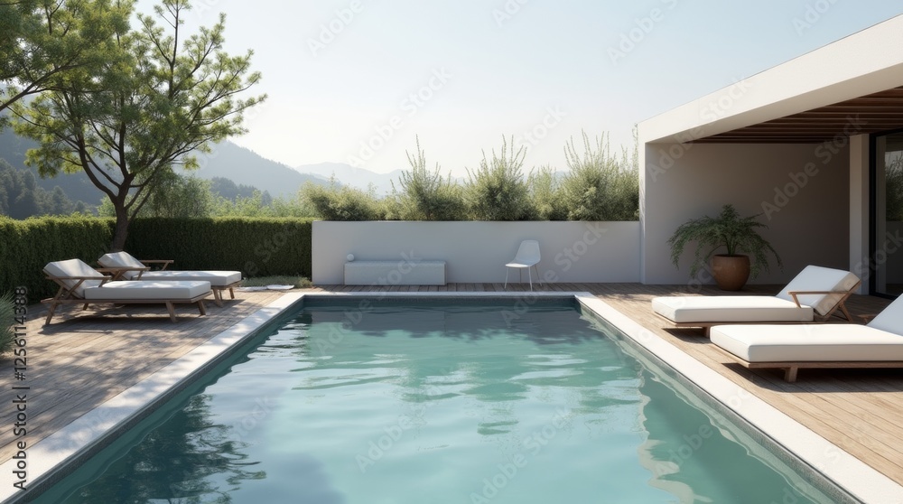 Fototapeta premium A minimalist swimming pool design with clean lines and a simple aesthetic, surrounded by a wooden deck and modern furniture
