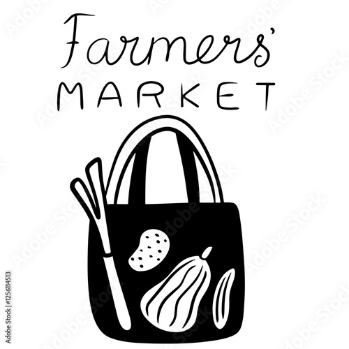 Eco bag with fresh healthy vegetables: lettuce, potato, cucumber, pumpkin. Logo or print for a farm shop, market, farm