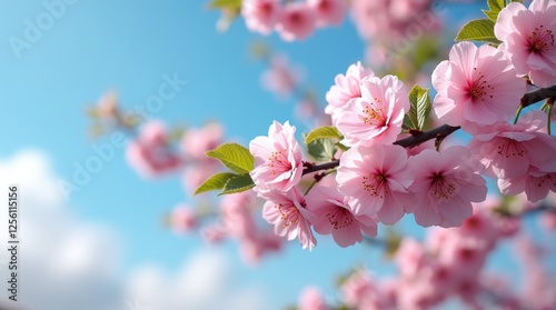 A scenic cherry tree in full bloom with ripe cherries, set against a clear blue sky