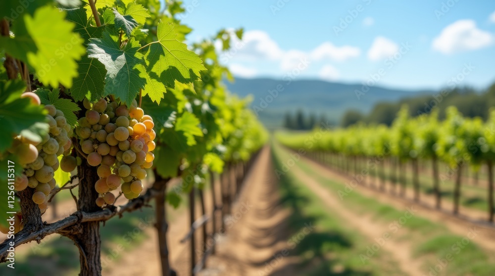 A scenic grape vine winding along a trellis, adorned with clusters of ripe grapes A scenic grape vine winding along a trellis, adorned with clusters of ripe grapes