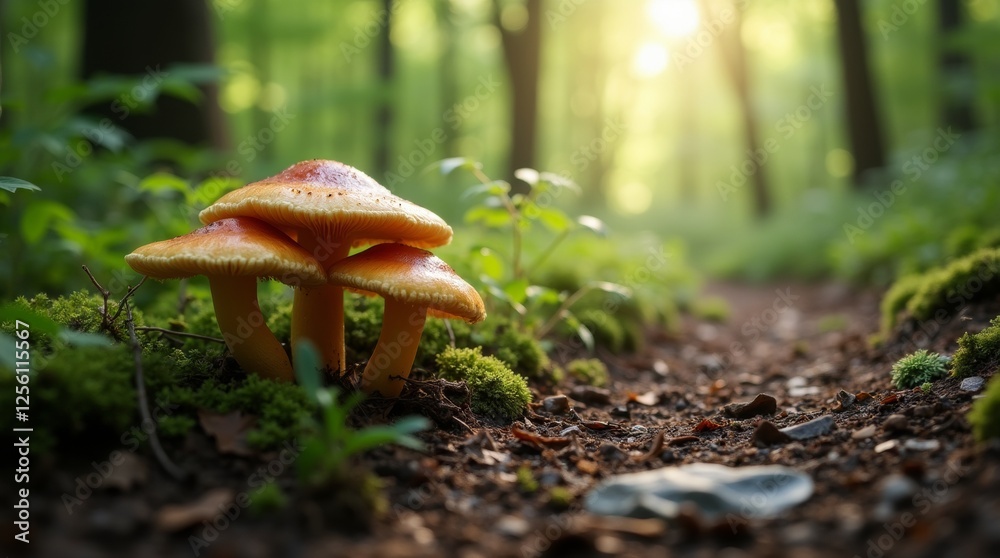 Fototapeta premium A scenic shot of a cluster of mushrooms emerging from the damp forest floor