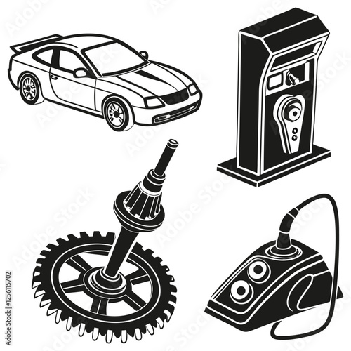 Black and White Vector Illustration of Sports Car, Electric Charging Station, Gear Mechanism, and Controller Automotive and Technology Concept