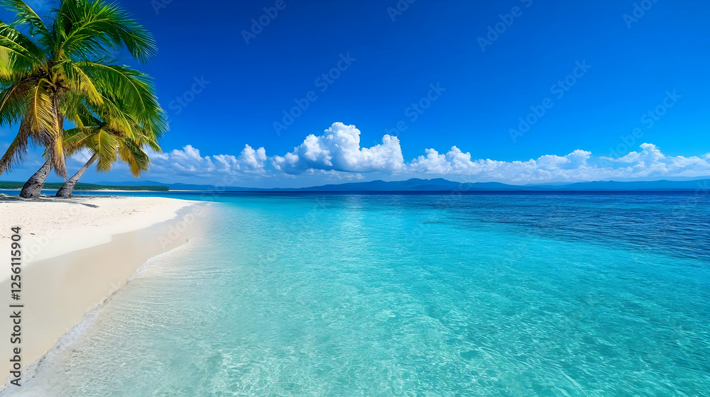 Fototapeta premium A stunning tropical beach with clear blue waters, golden sand, and lush palm trees under a bright blue sky, ideal for relaxation.