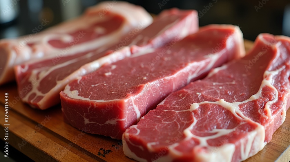 A variety of local meat cuts displayed on a wooden butcher block, showcasing different textures and colors A variety of local meat cuts displayed on a wooden butcher block, showcasing different textures and colors