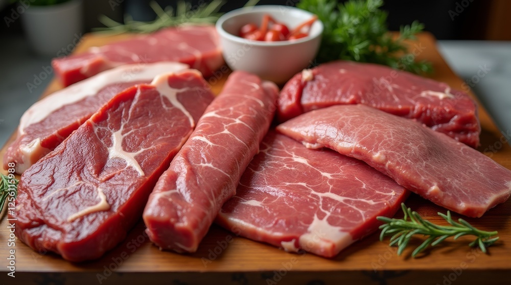 A variety of local meat cuts displayed on a wooden butcher block, showcasing different textures and colors