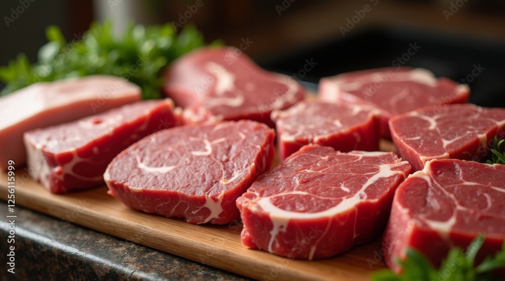 A variety of local meat cuts displayed on a wooden butcher block, showcasing different textures and colors A variety of local meat cuts displayed on a wooden butcher block, showcasing different textures and colors