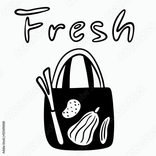 Eco bag with fresh vegetables: lettuce, potato, cucumber, pumpkin. Logo or print for a farm shop, market, farm