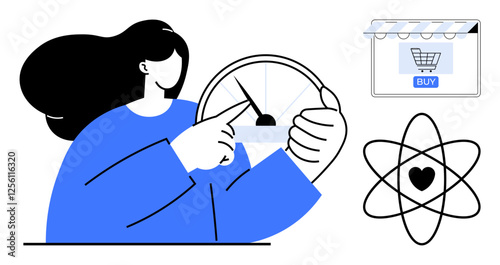 Woman adjusting a gauge, shopping cart with buy button, and atom with heart. Ideal for innovation, progress, e-commerce, balance, science creativity empowerment motivation. Abstract line flat
