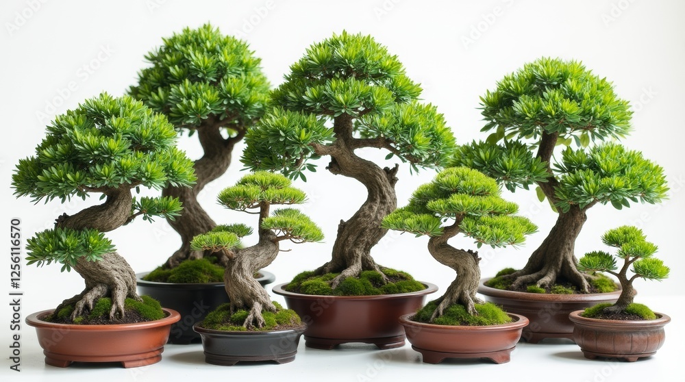 An artistic arrangement of various bonsai trees in different styles and sizes, showcasing the diversity and creativity in bonsai cultivation