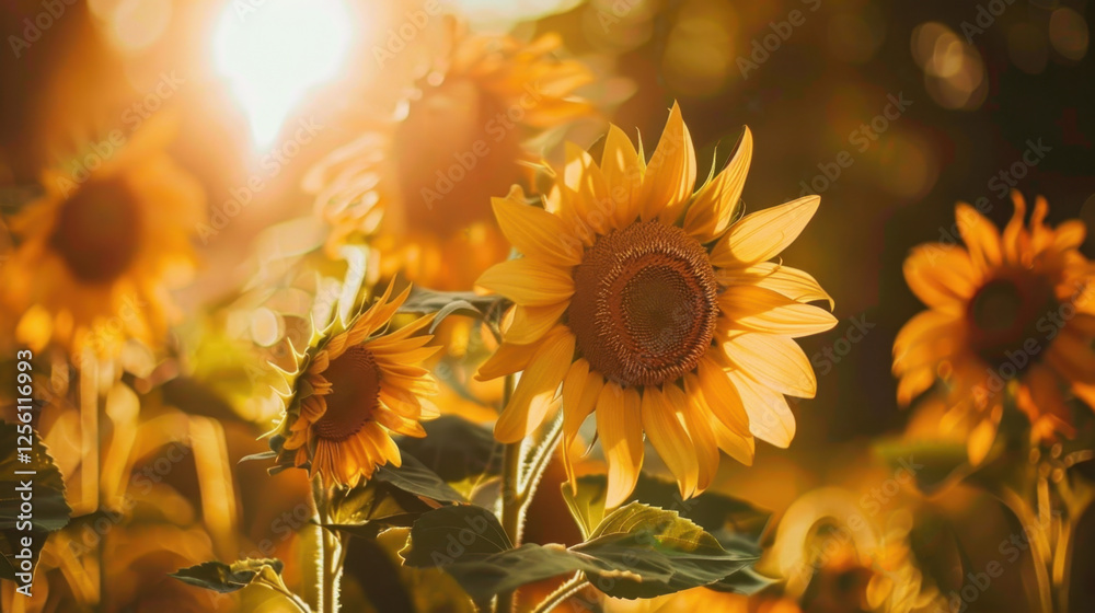 Fototapeta premium Sunflowers in a field bathed in the warm glow of a setting sun, showcasing their vibrant yellow petals and a golden, tranquil atmosphere. Perfect for nature and sunset-inspired themes