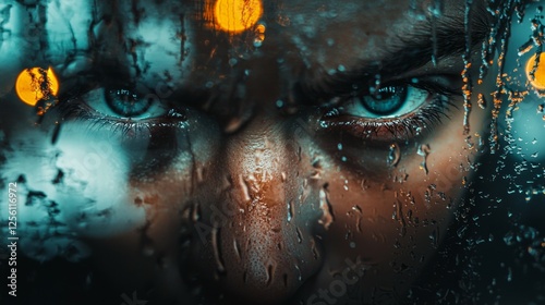 Wallpaper Mural Intense Close-Up Portrait with Raindrops on Glass and Blue Eyes Torontodigital.ca