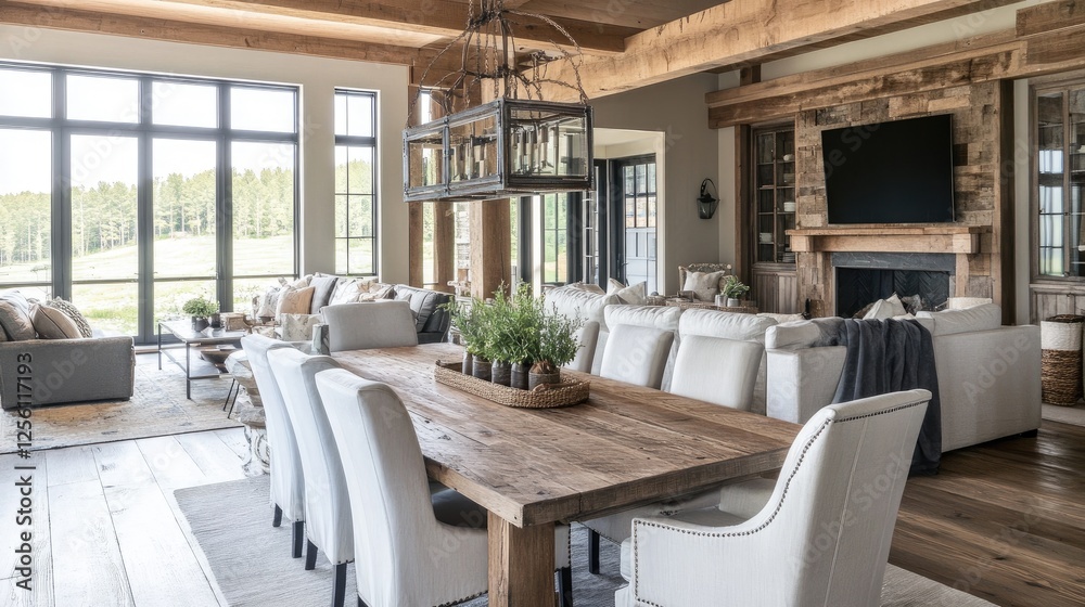 Rustic lounge with a large wooden dining table, exposed beams, and mismatched chairs creating an eclectic yet cozy vibe