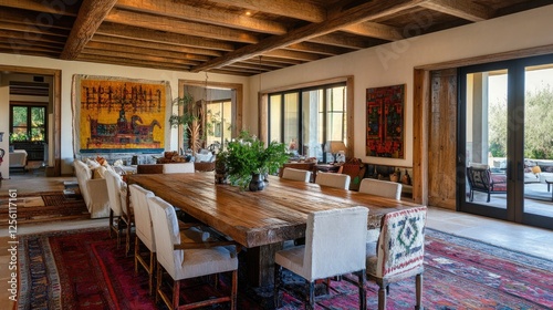 Rustic lounge with a large wooden dining table, exposed beams, and mismatched chairs creating an eclectic yet cozy vibe photo