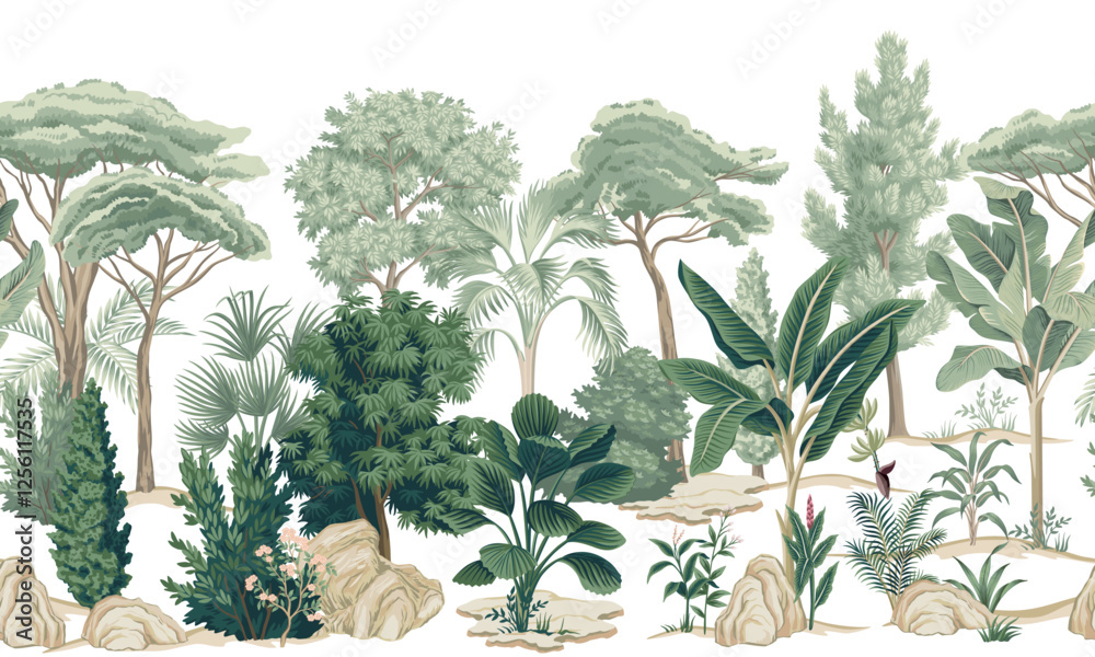 Tropical vintage botanical palm trees, banana tree, plants, stone landscape seamless border white background. Exotic jungle wallpaper.