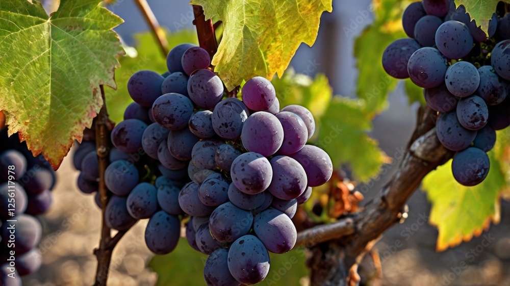 Fototapeta premium A close-up view of a grape vine with glistening, ripe grapes hanging from the branches