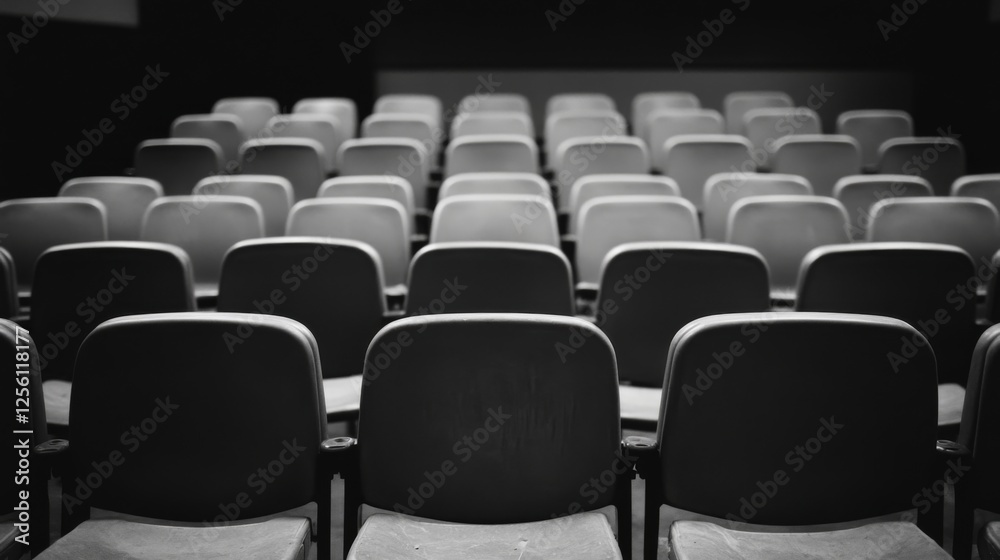 Fototapeta premium Empty auditorium chairs; pre-event setup; dark background; event space
