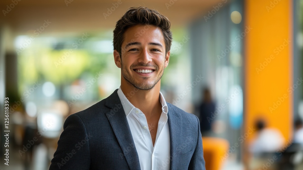 Smiling professional in a modern workspace engages with colleagues during a productive team meeting
