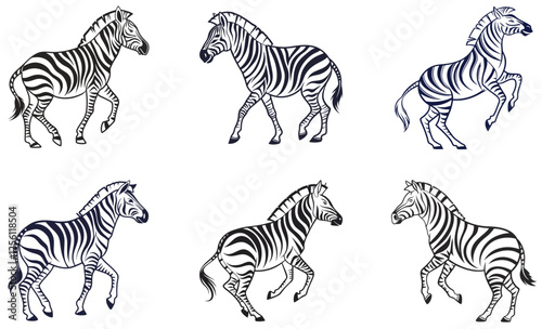 Black and White Vector Illustration Set of Zebras in Various Poses  Wildlife and Safari Theme