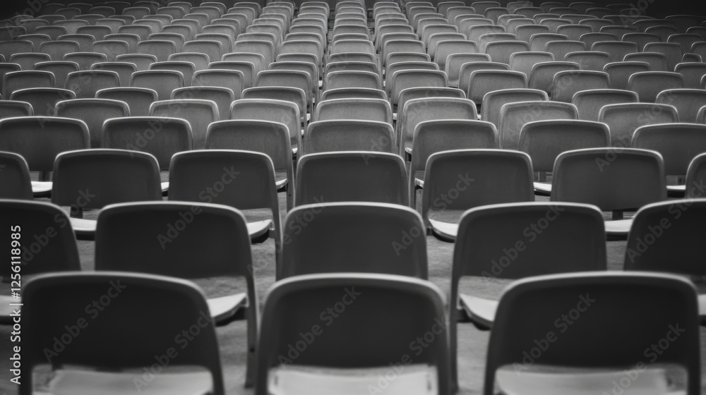 Fototapeta premium Empty auditorium seats, rows receding, dark floor. Event venue, background, monochrome